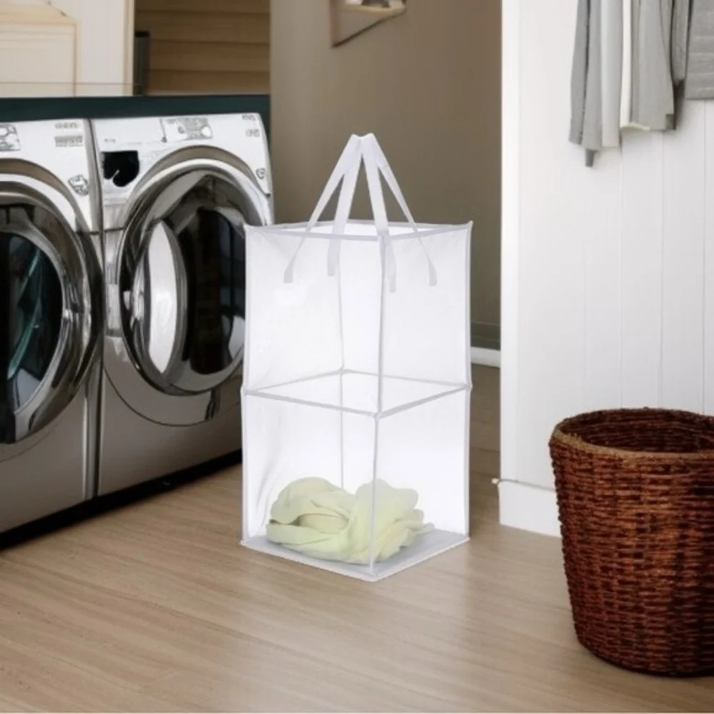White Collapsible Mesh Laundry Hamper Foldable Polyester Bag with Handles VG